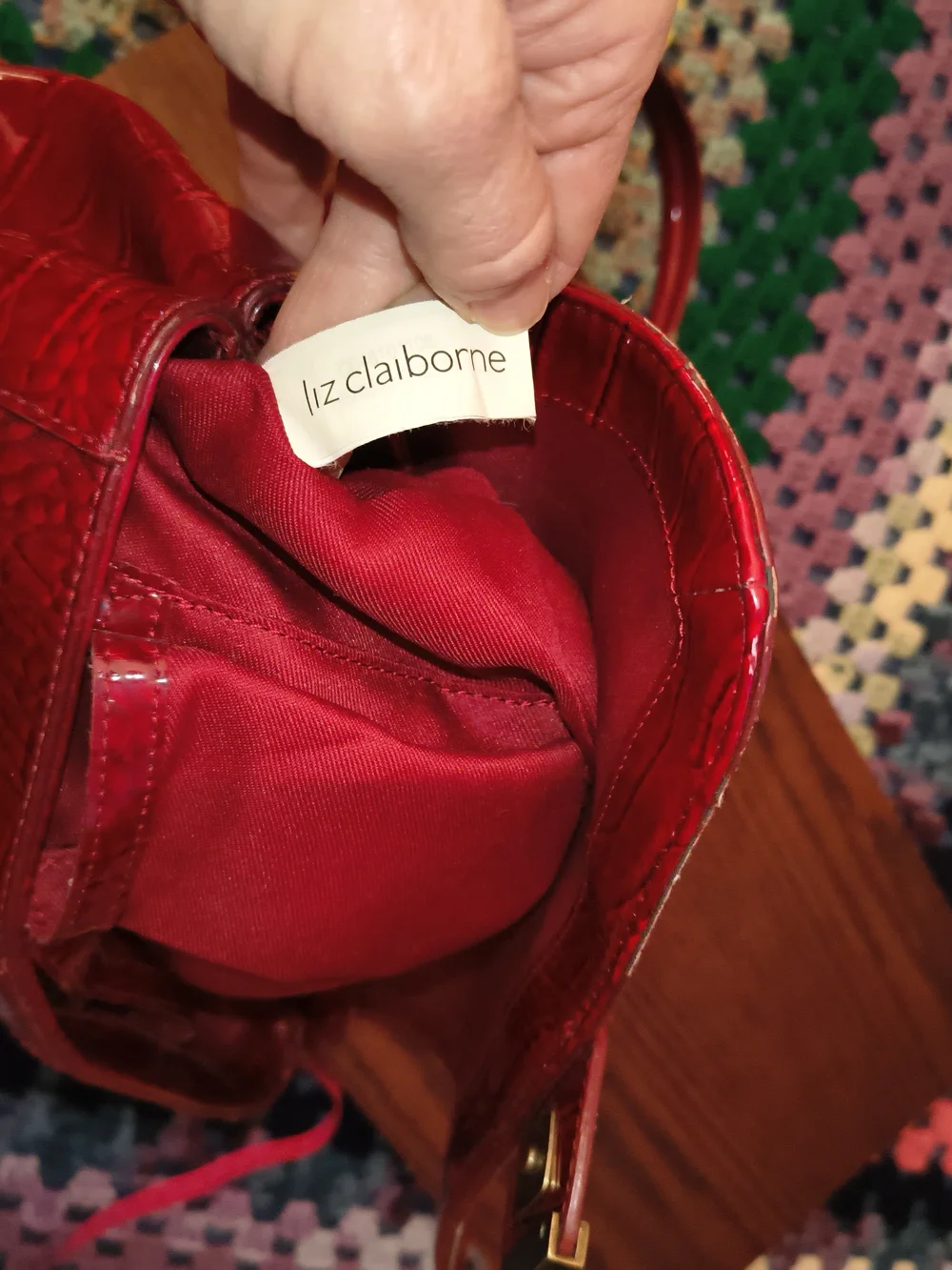 Liz Claiborne Maroon Croc-Embossed Patent Leather Satchel